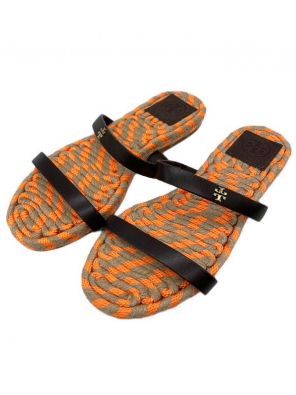 Tory Burch Two-Band Flat Espadrille Brown Orange Leather Sandals,  Size 7.5